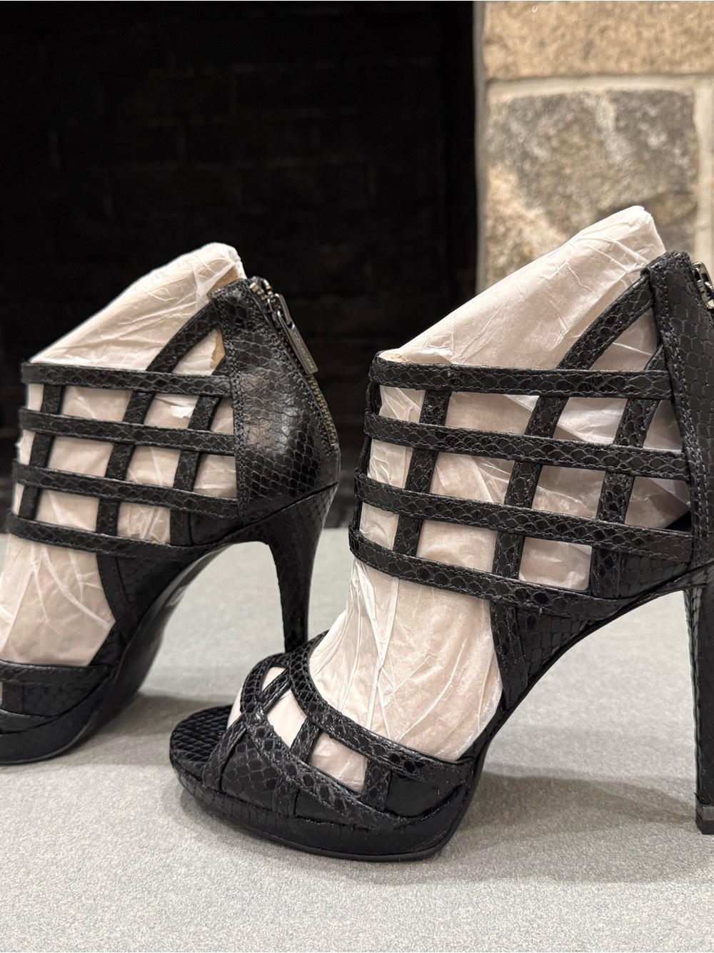 Black Leather Strappy Cage High Heels - Picture 2 of 5
